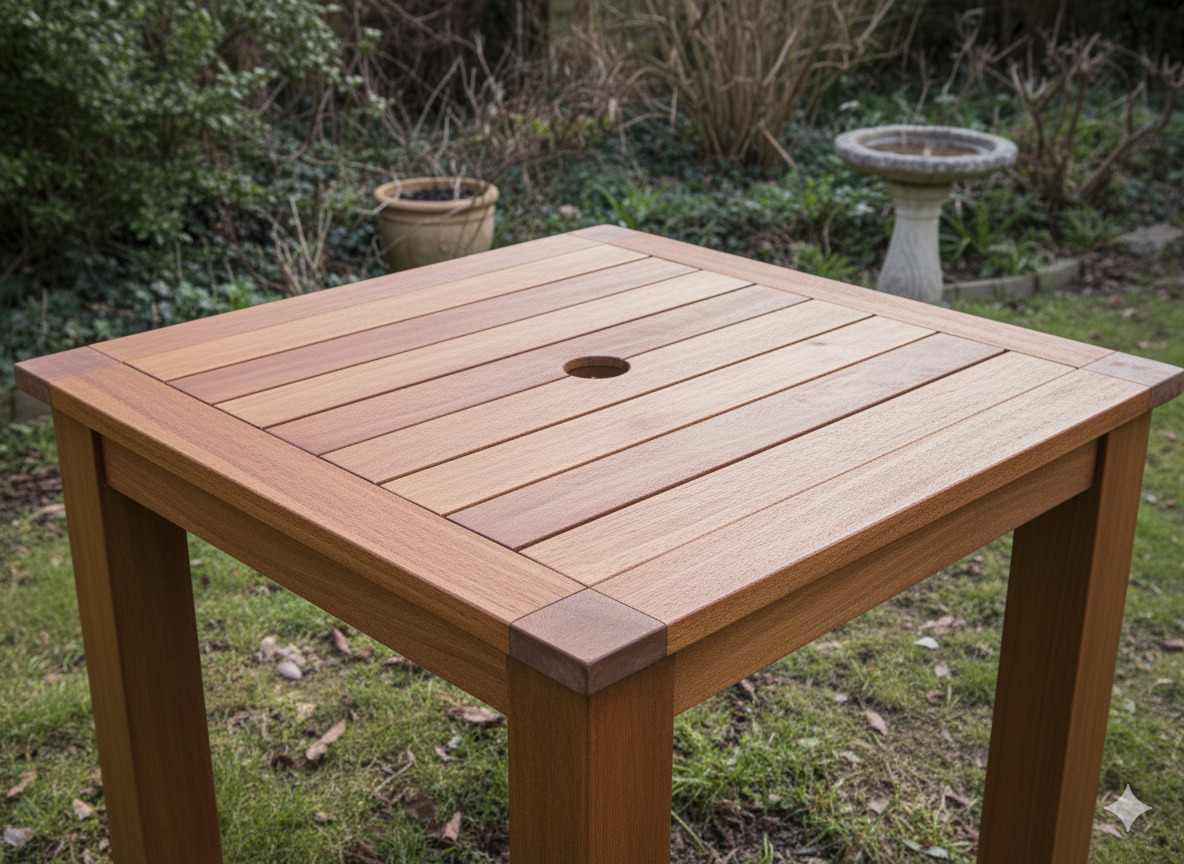 Restored wooden garden table after professional repair