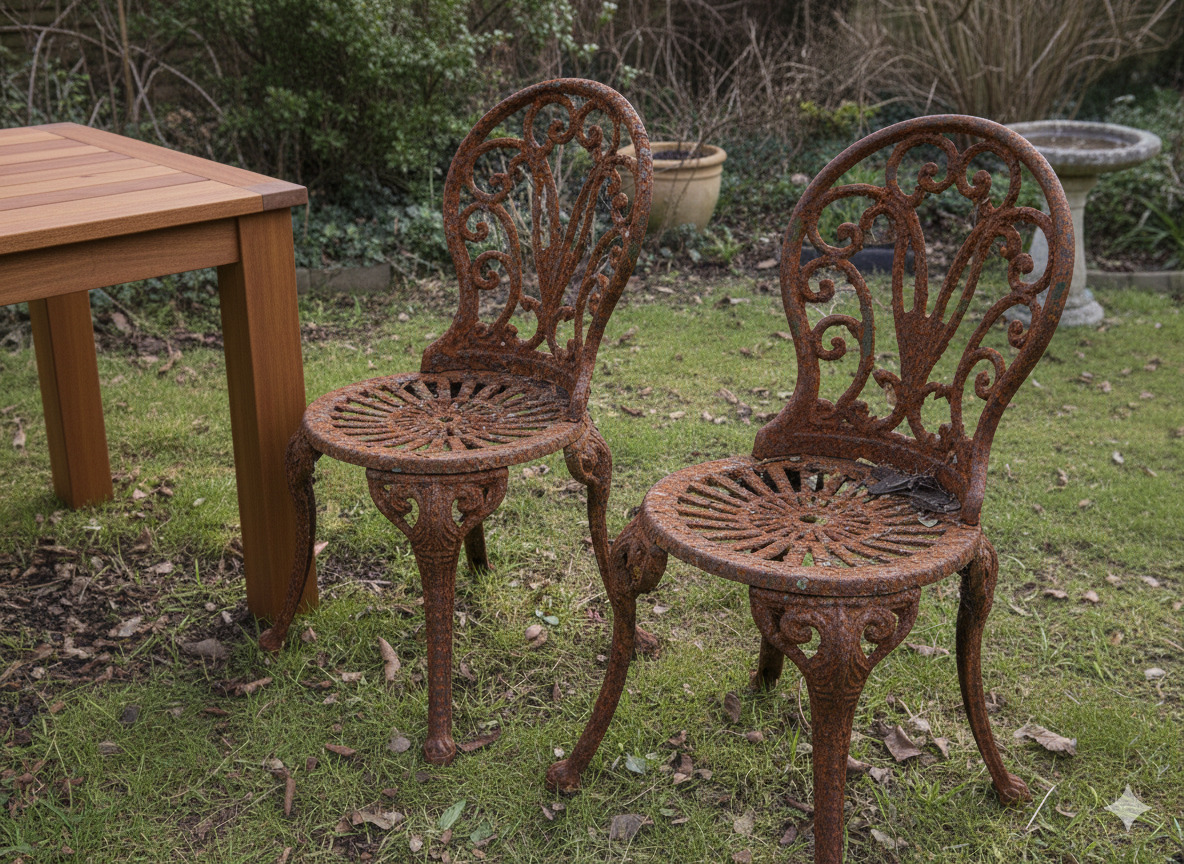 Rusty metal garden chairs before repair