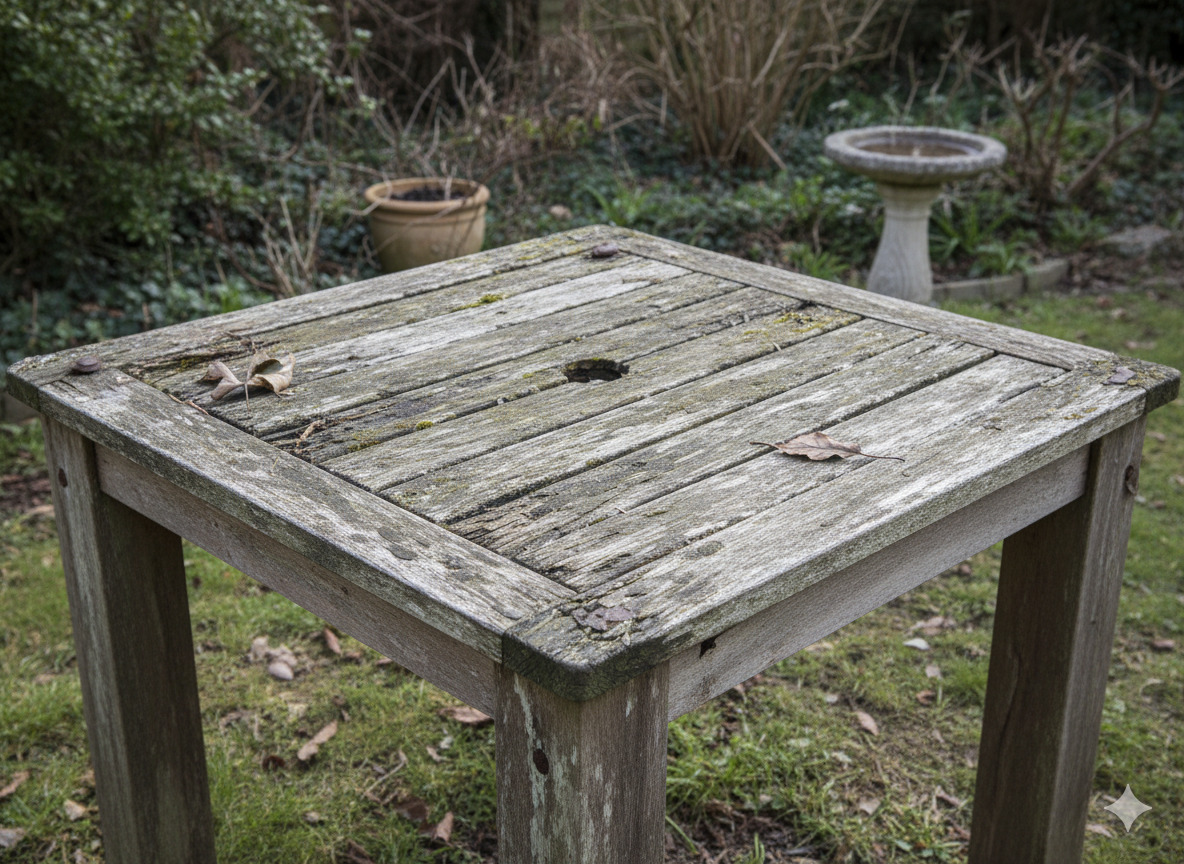 Weathered wooden garden table before restoration
